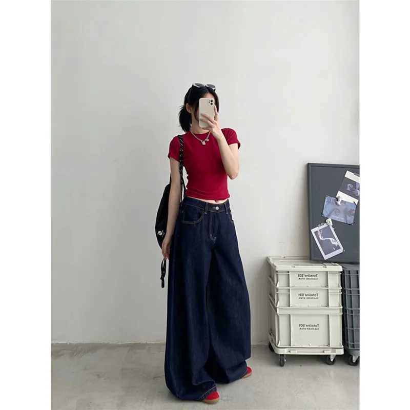 Blue Womens Jeans High Waist Vintage Straight Summer Y2K Classic Denim Pants Streetwear American Wide Leg Baggy Denim Trouser M260310
