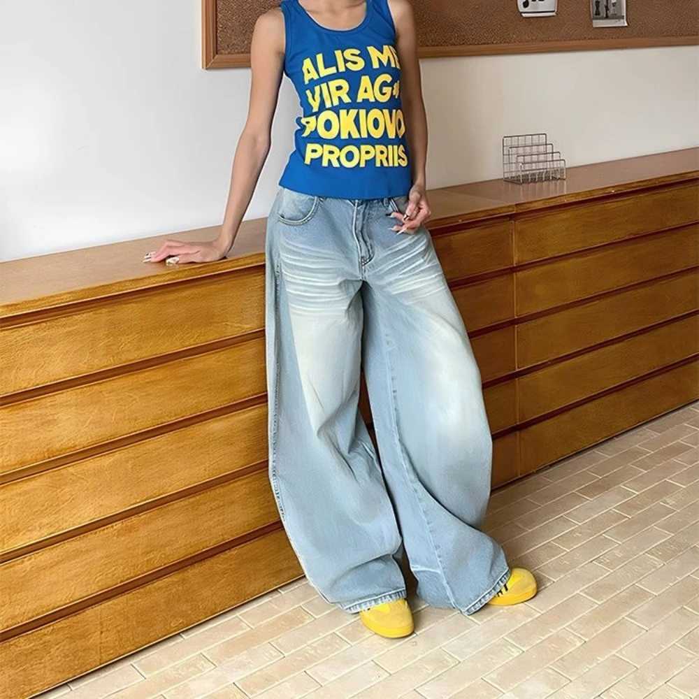 Relaxing high waisted curved knife jeans for womens spring and autumn new trend American loose wide leg mopping jeans trend M260310