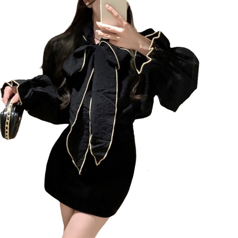 Blue Bow Tie Bell Sleeve Shirt for Women Spring and Autumn New Loose Korean Style Shirt with Unique Design 210317