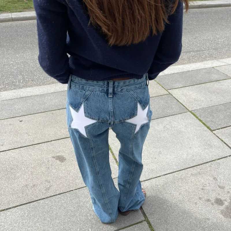 Y2K Denim Pants Womens Star Embroidery Color Block Patchwork Casual Pants Multiple Slim Fit Trendy Comfortable Millennium JeansT260310