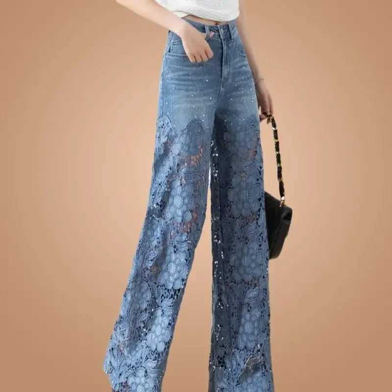 Womens High Waist Jeans Lace Patchwork Hollow Out Oversized Spring Pants Casual Loose All-Match Fashion Elegant Trousers M260310