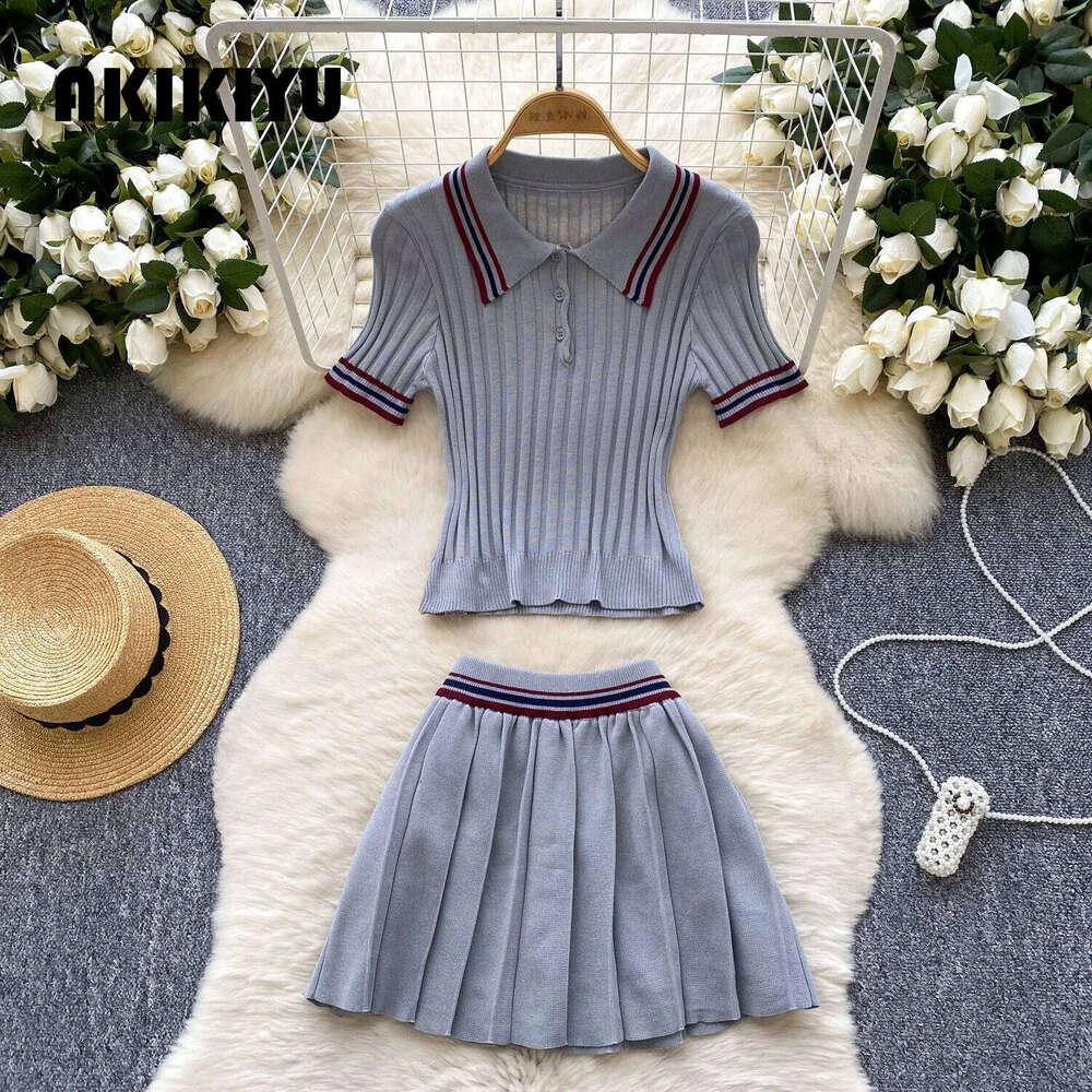 New Korean College Style Knit 2Pcs Suit Polo Neck Short Sleeve Tops+Pleated Skirt Women Summer Color Block Vintage Set AKIKIYU