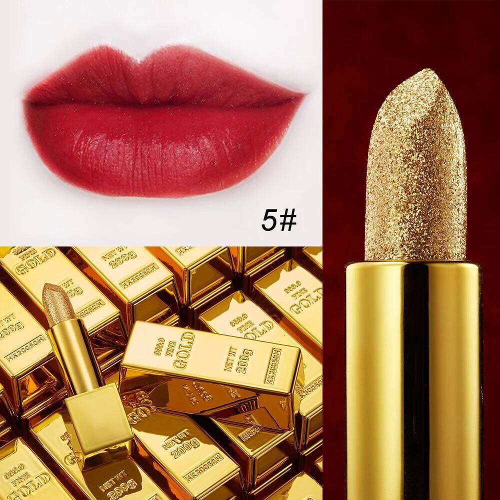 Glitter Moisturizing Makeup Velvet Matte Gold Lipstick Waterproof Lipstains Sexy Shiny Red Cosmetics Pigment Nude Rouge Z260310