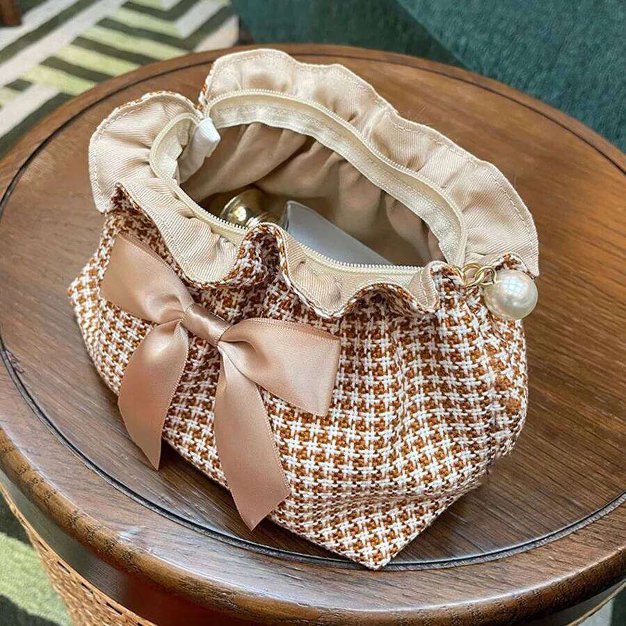 Lattice Makeup with Bowknot High-end Zipper Handbag Skin Care Product Small Women Travel Storage Bag XJ260310