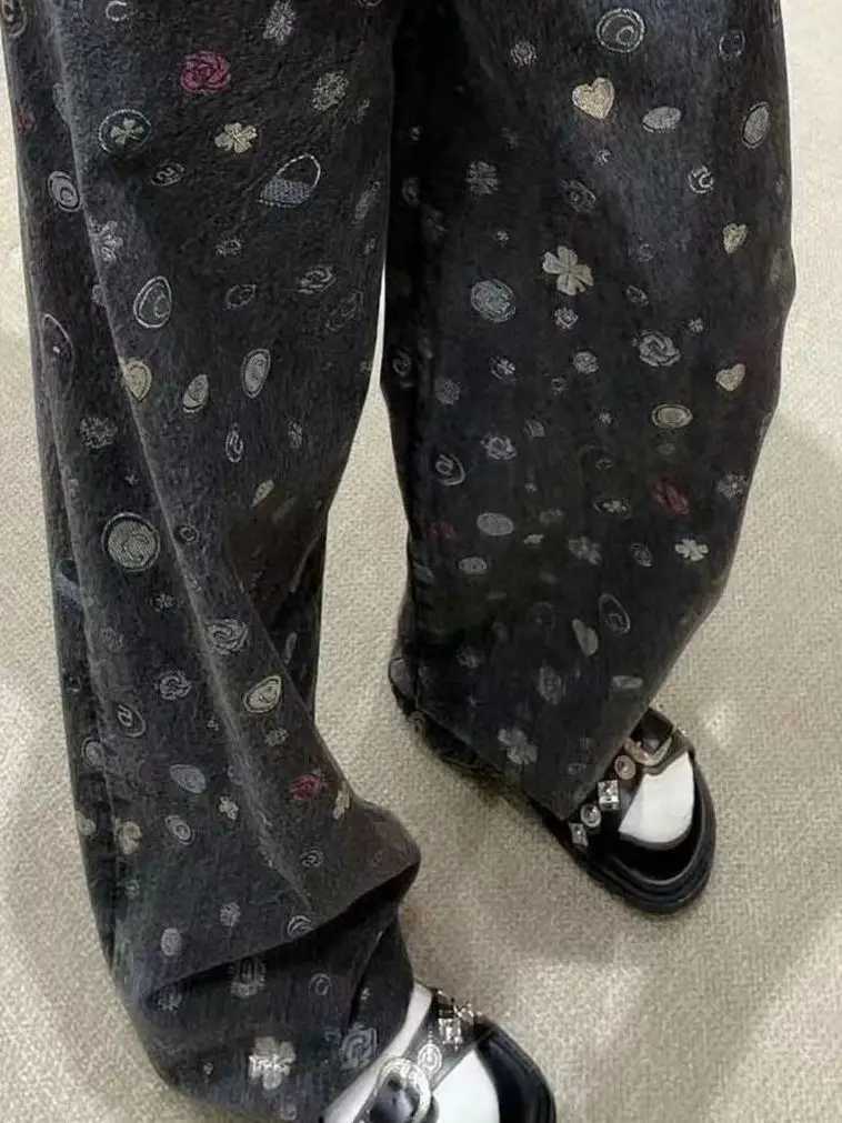 Women Fashion Style Jeans 2025 Autumn New Full Printed Floral Design All-match Casual Straight PantsT260310