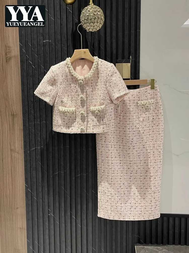 Autumn Spring Beading Diamond Button Women Tweed Jacket Outfits Mid-Calf Length Skirt Sets O-Neck Party Short Coat Two Piece SetT260310