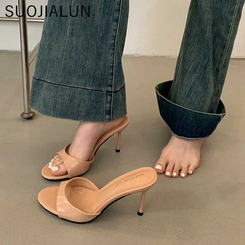 SUOJIALUN 2025 Summer New Women Slipper Fashion Open Toe Slip On Slides Ladies Elegant Thin High Heel Dress Pumps Slides K260312
