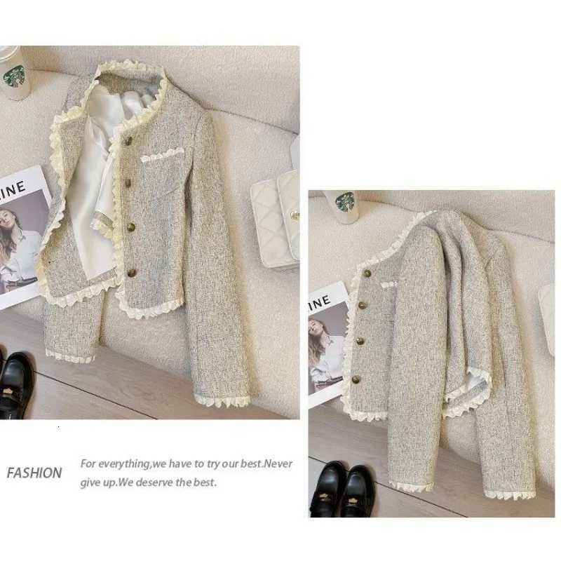 Beige Gray Lace Splicing Short Jacket for Women 2025 New Spring Temperament Fashionable Versatile TopT260310