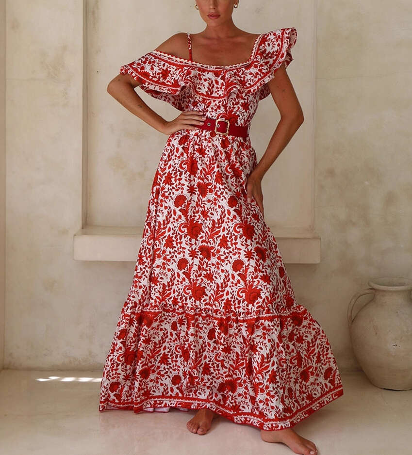 2026 spring and summer European and American fashion sexy strapless pleated hem asymmetrical collar holiday style floral long skirt