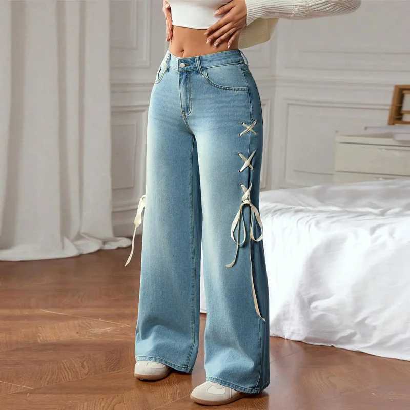 Benuynffy Plus Size Y2k Retro Side Lace-up Jeans Womens Street Fashion Mid Waisted Sweet Loose Washed Baggy Wide Leg Pants M260310
