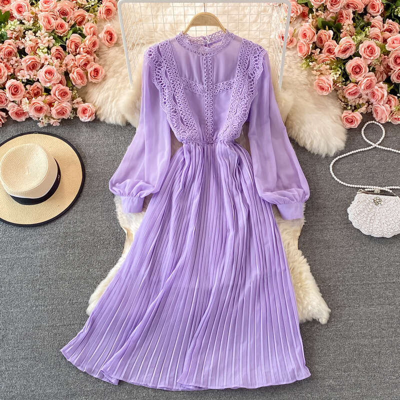 Spring and Autumn Palace Style Retro Lace Bordered Folded Chiffon Dress High Waist Elegant Slim Fit Wide Bottom