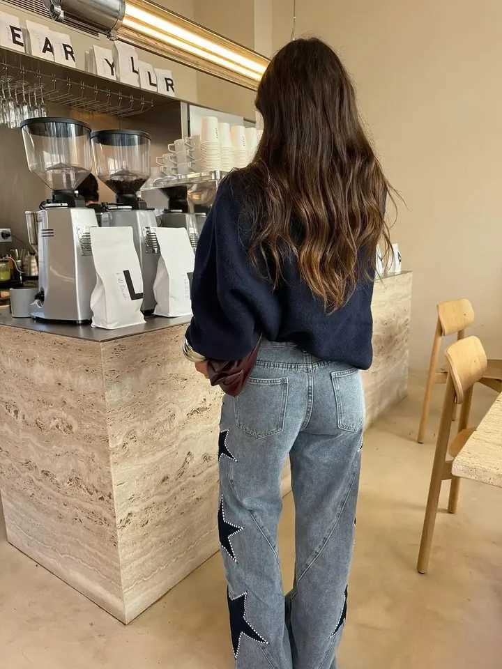 Casual Five-point Star Denim Pants Women Vintage High Waist Patchwork Zipper Wide Leg Trousers 2026 New Lady Spring Autumn WearT260310