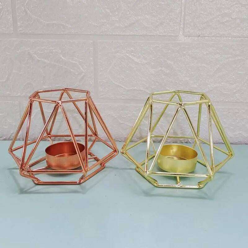 Set of 2 Gold Geometric Metal Tealight Candle Holders Living Room Bathroom Decorations - Centerpieces for Wedding & Dining H260310