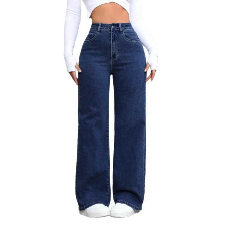 American Blue Washed High-Waisted Straight-Leg Jeans Women Loose Fashion Front Back Pockets Jeans Suitable Daily Casual Jean M260310