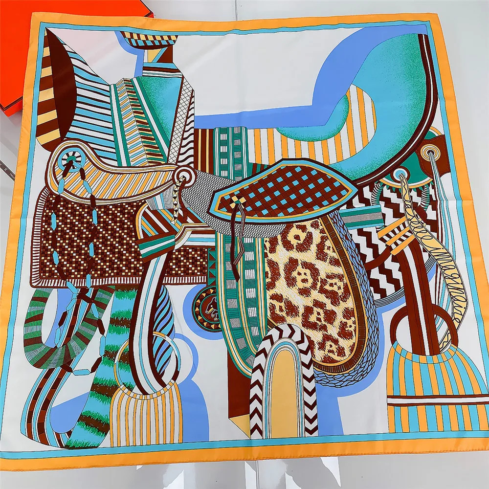 Saddle Print Twill Silk Scarf Women 90CM Square Scarves Wraps Shawl y Hijabs Bandana Handmade Curled Silk Head Scarf 260309
