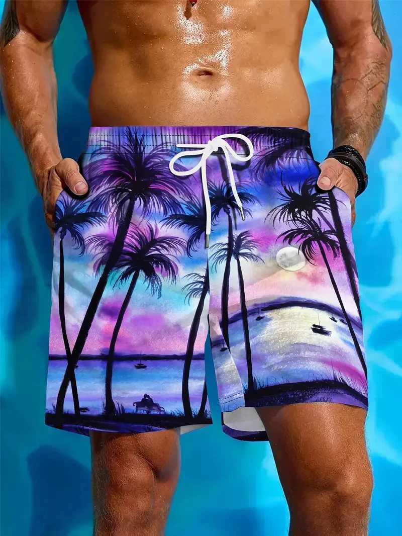 Summer Coconut Tree Pattern Swim Trunks For Men Fashion Beach Vacation 3D Printed Hawaiian Short Pants Loose Breathable Shorts N260310