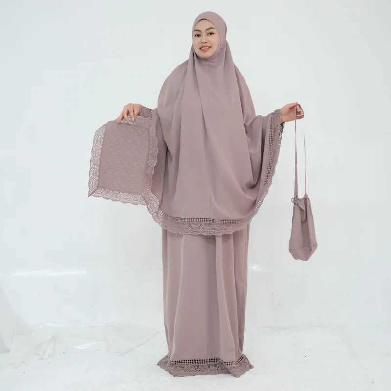 4PCSMuslims Woman Clothing Hijabis Outfit Abaaya Eid Ramadan Kaftan Ka Turkey Muslim Woman Prayer Outfit New Lace Khimar Set X260310