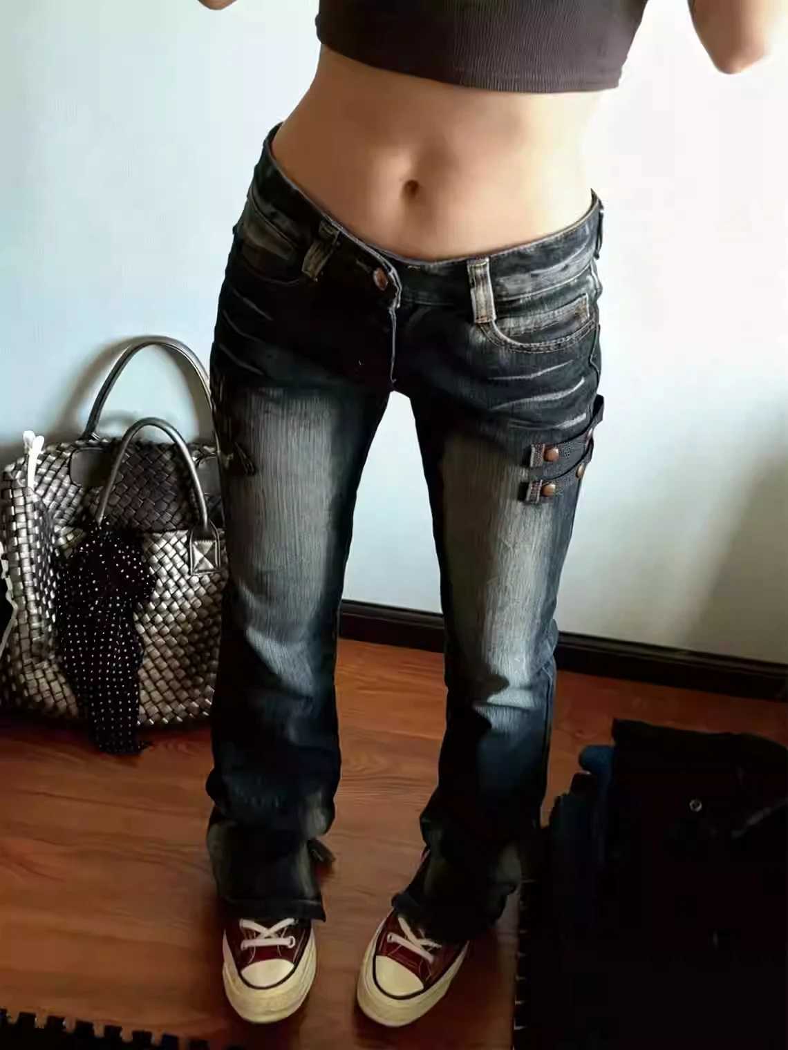 Womens Low Rise Jeans Harajuku Japanese Denim Pants Y2k Skinny Jean Bootcut Jeans High Street American Retro Grunge Cyber Punk M260310