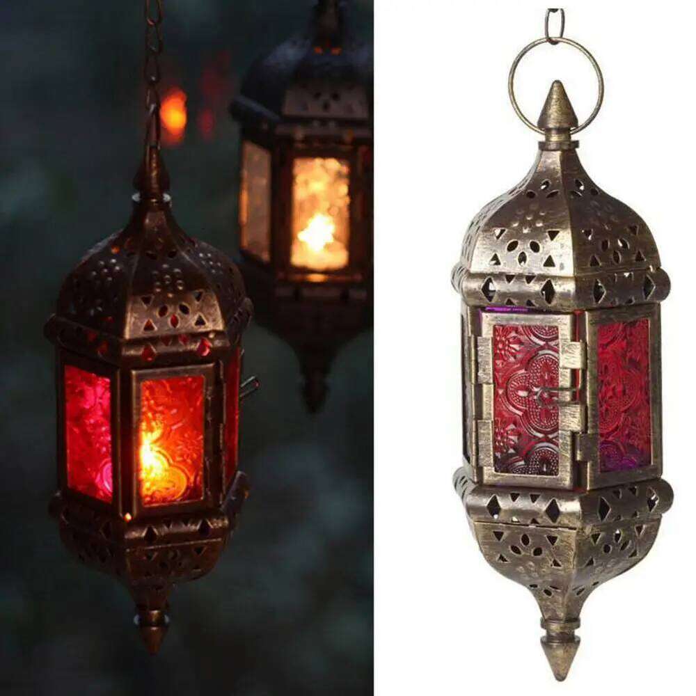 Iron Hanging Vintage Glass Moroccan Tea Light European Style Hollow Candle Holder For Garden H260310