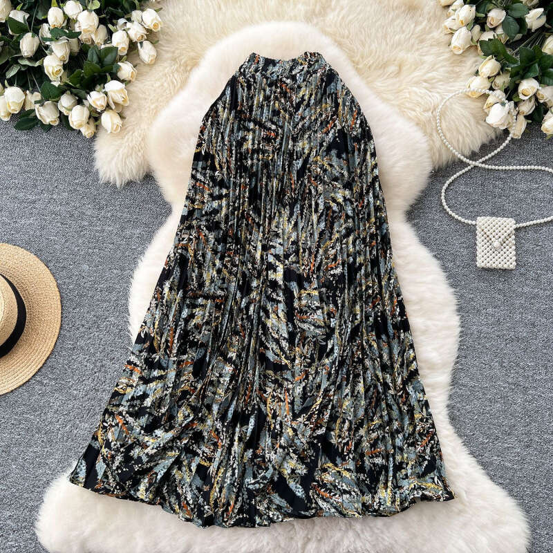 French retro printed women's 2025 autumn and winter new high waist slim fit A-line pleated long skirt