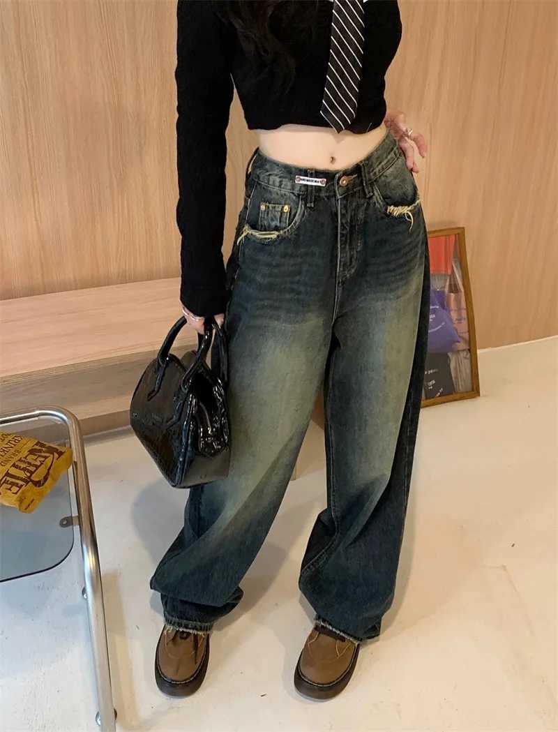 Womens Harajuku Style Loose Wide Leg Jeans Autumn Winter Street Fashion Retro Straight Loose Denim Trousers M260310
