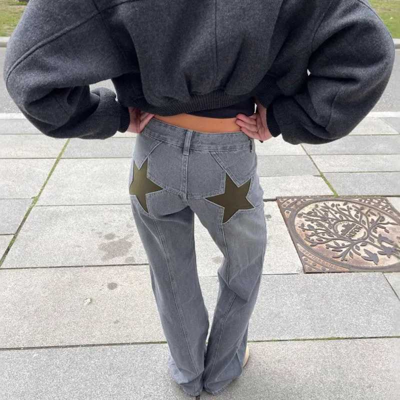 Y2K Denim Pants Womens Star Embroidery Color Block Patchwork Casual Pants Multiple Slim Fit Trendy Comfortable Millennium JeansT260310