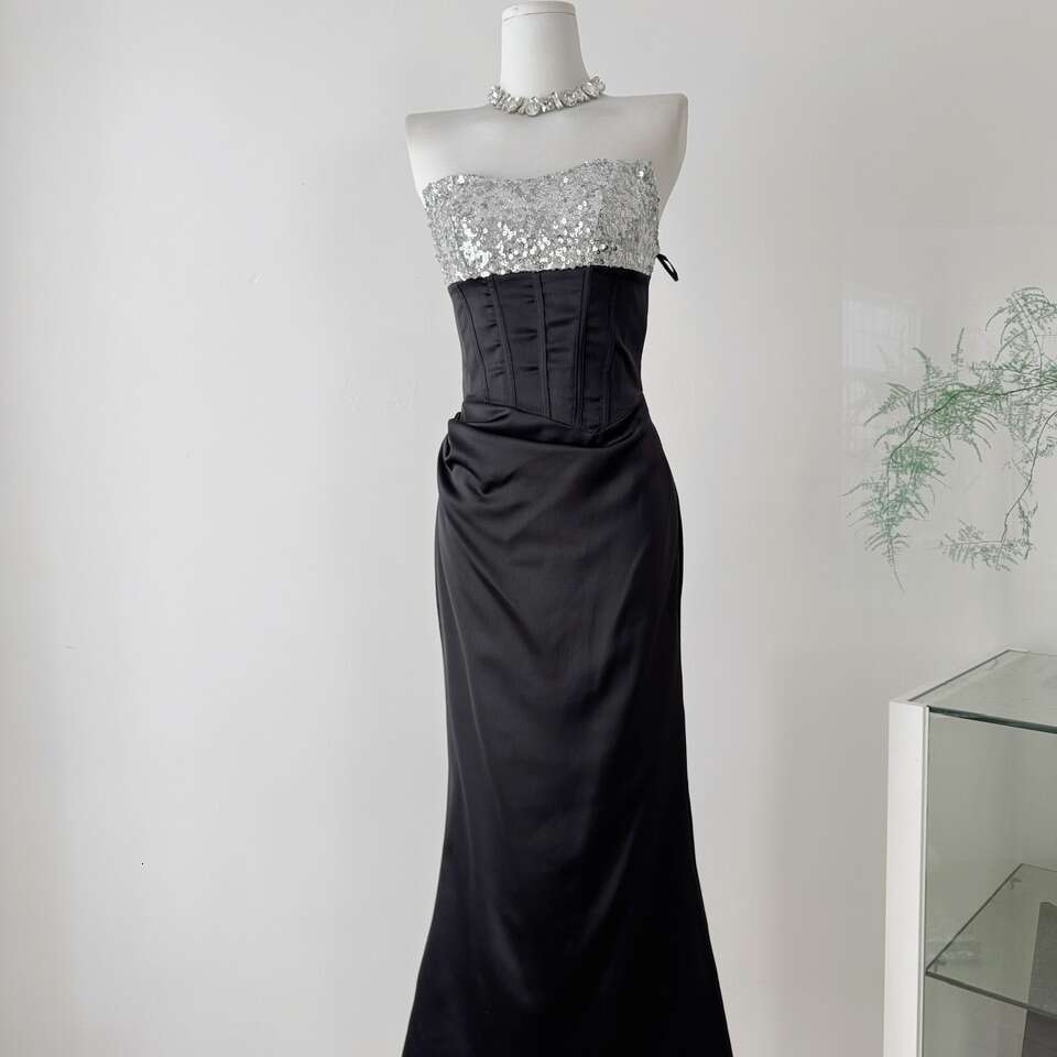 2026 designer high-end evening gown heavy shiny rhinestone strapless dress pleated slim fit long dress