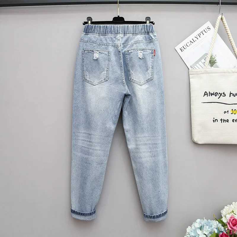 L-7xl ripped jeans woman high waisted plussized baggy blue jeans for women loose denim trousers mom jeans M260310