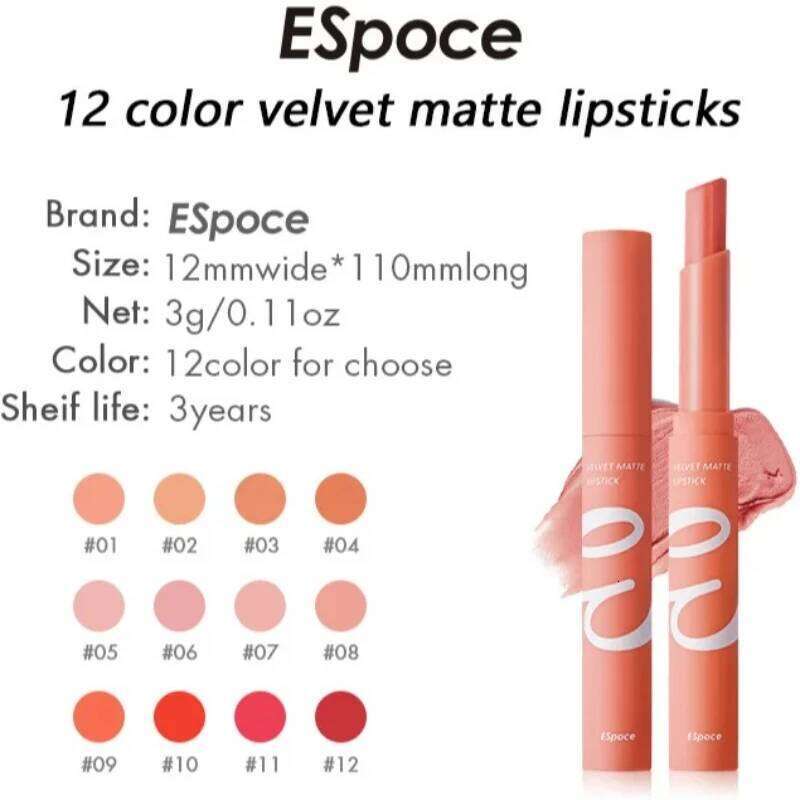 Nude Series - Matte Velvet Waterproof Long Lasting Red Non Stick Lipstick Cosmetic Makeup 12 Colors Z260310