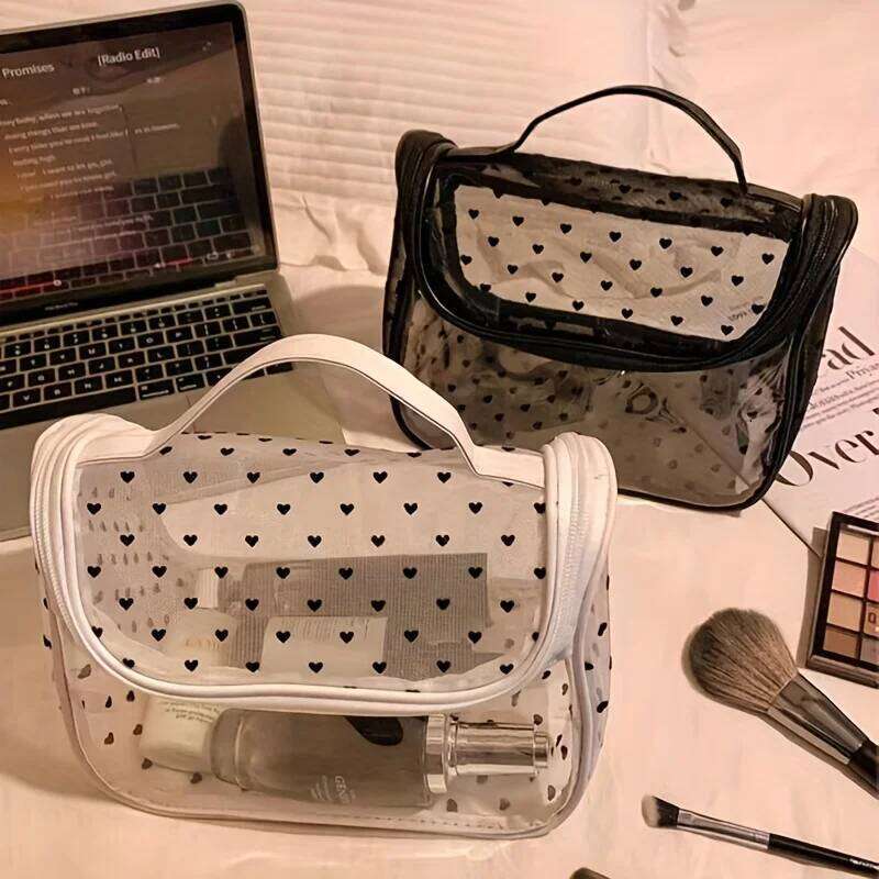1pc Large Capacity Heart Mesh Makeup Bag Frosted Transparent Cosmetic Toiletry Organizer Travel Pouch for Office Home or Daily XJ260310