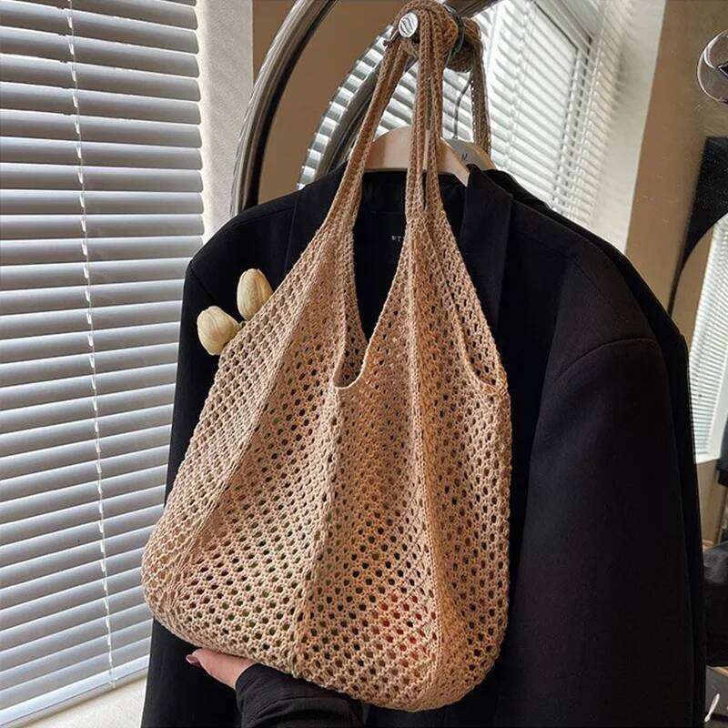 Women Crochet Tote Candy Fashion Knitted Large Capacity Woven Shoulder Bags Solid Color Simple Shopping Bag for Summer Beach XJ260310