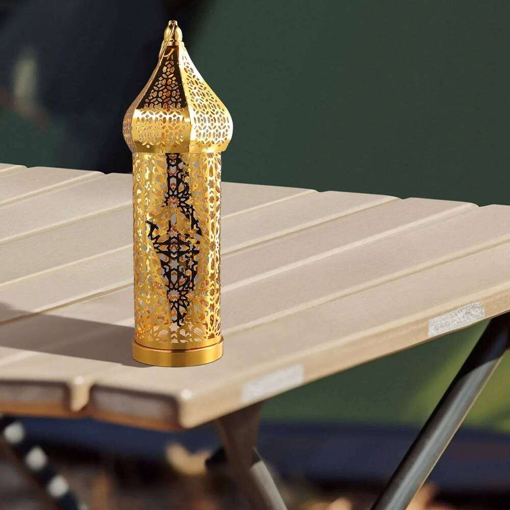 Moroccan Golden Hollow Iron Lantern Ramadan Home Decor Light Ornaments Hanging Lamps Outdoor Yard Garden Art Decoration Hot Sale H260310