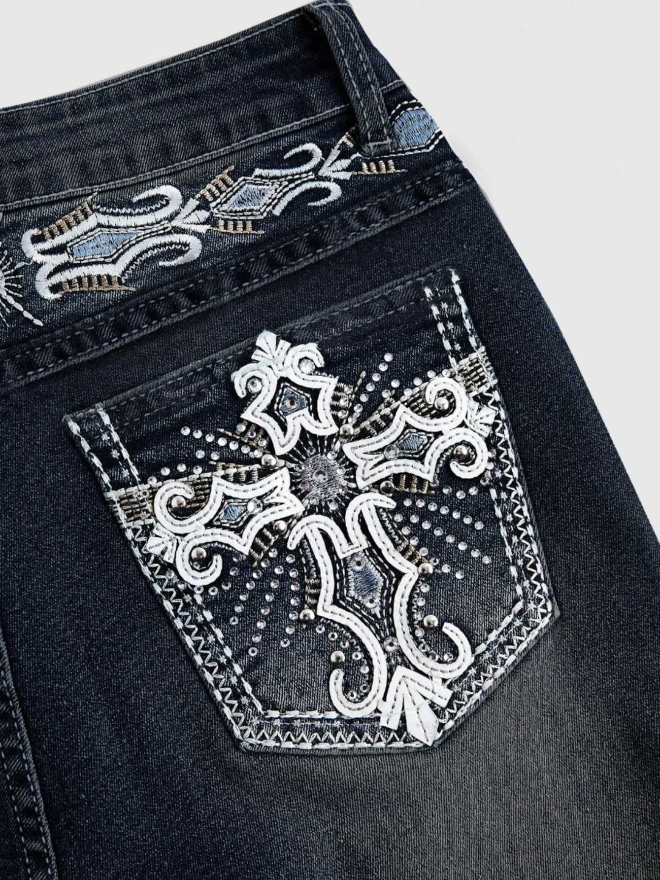 Womens Elegant Fashion High-Waist Stretch Denim Flared Pants with Back Pocket Embroidery and Rhinestone Decoration M260310