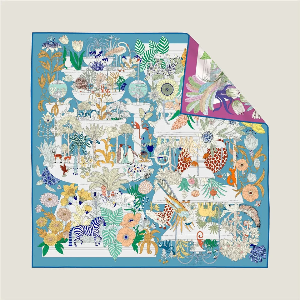90cm Hand Rolled Twill Silk Scarf Women Cake Pan Animals Double Print Square Scarves Wraps Echarpes Foulards Femme Hijab 260309