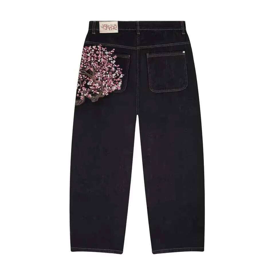 Gothic Jeans Y2K Clothes Men Women Harajuku Casual Sakura Embroidery Vintage Black Baggy Jean High Waist Wide Leg Trouser C260310