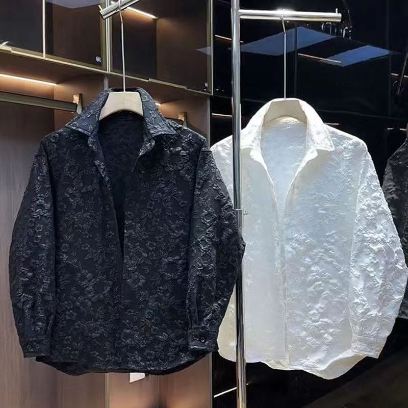 Luxury Brand Designer Clothes Summer Men's New Trendy Fashion Retro Swallowtail Three-Dimensional Jacquard Versatile Turn-Down Collar Casual Long