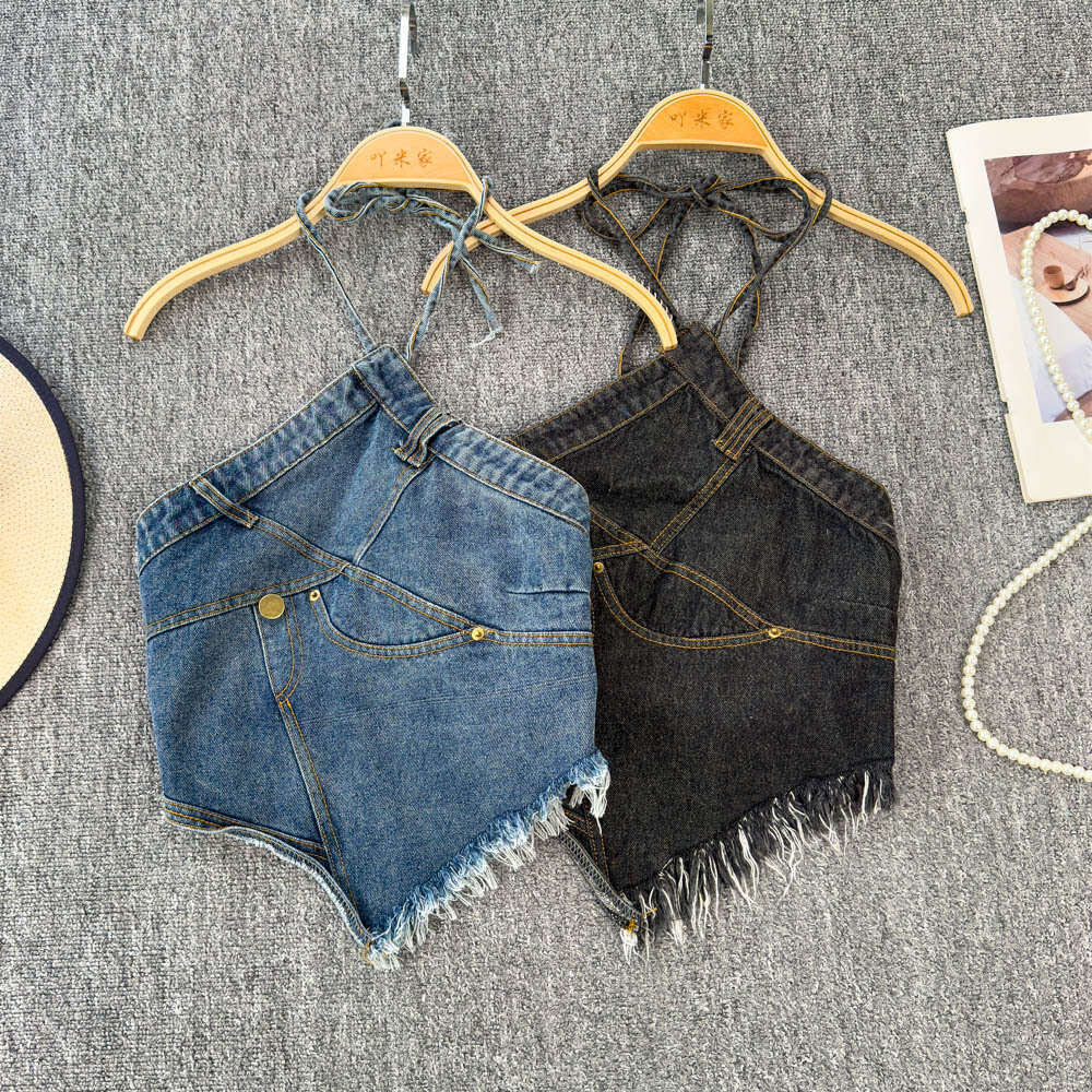 Women's crossover American denim camisole, spring and summer lingerie, sexy backless design, slim and fashionable
