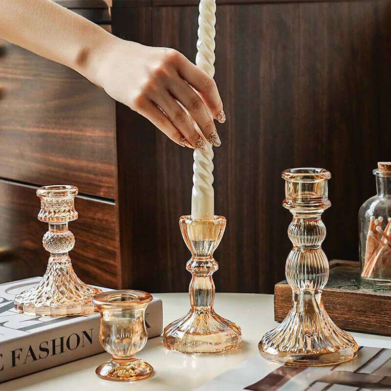European Style Glass Holders Amber/Pink Candlestick Home Decoration Ornament Candle Tray Atmosphere Props H260310