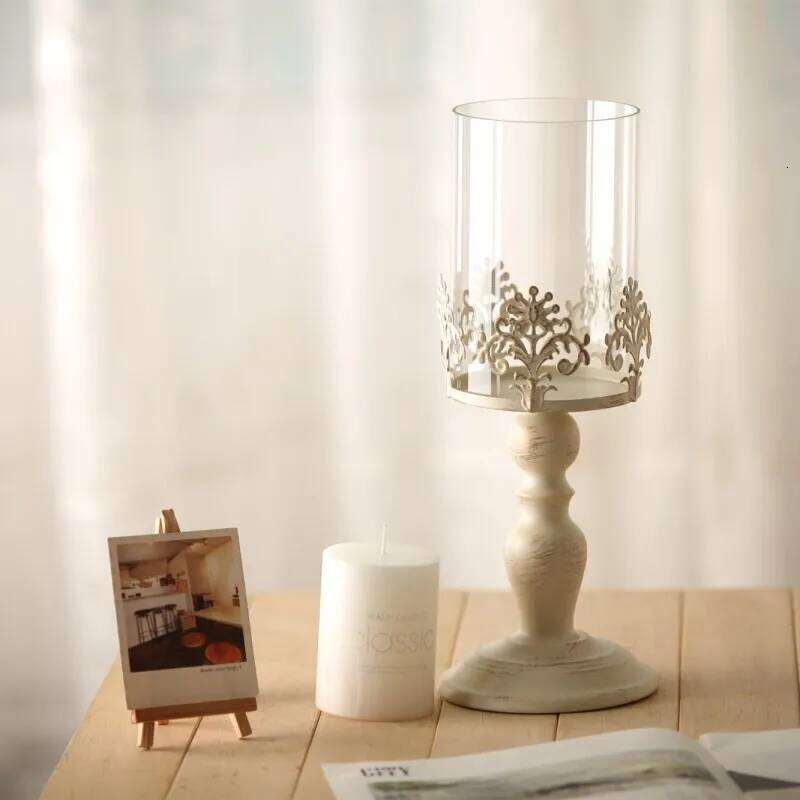 Vintage Metal Pillar Candle Holder Antique Hurricane Candlestick with Glass Screen Cover Accent Display for Home Wedding H260310