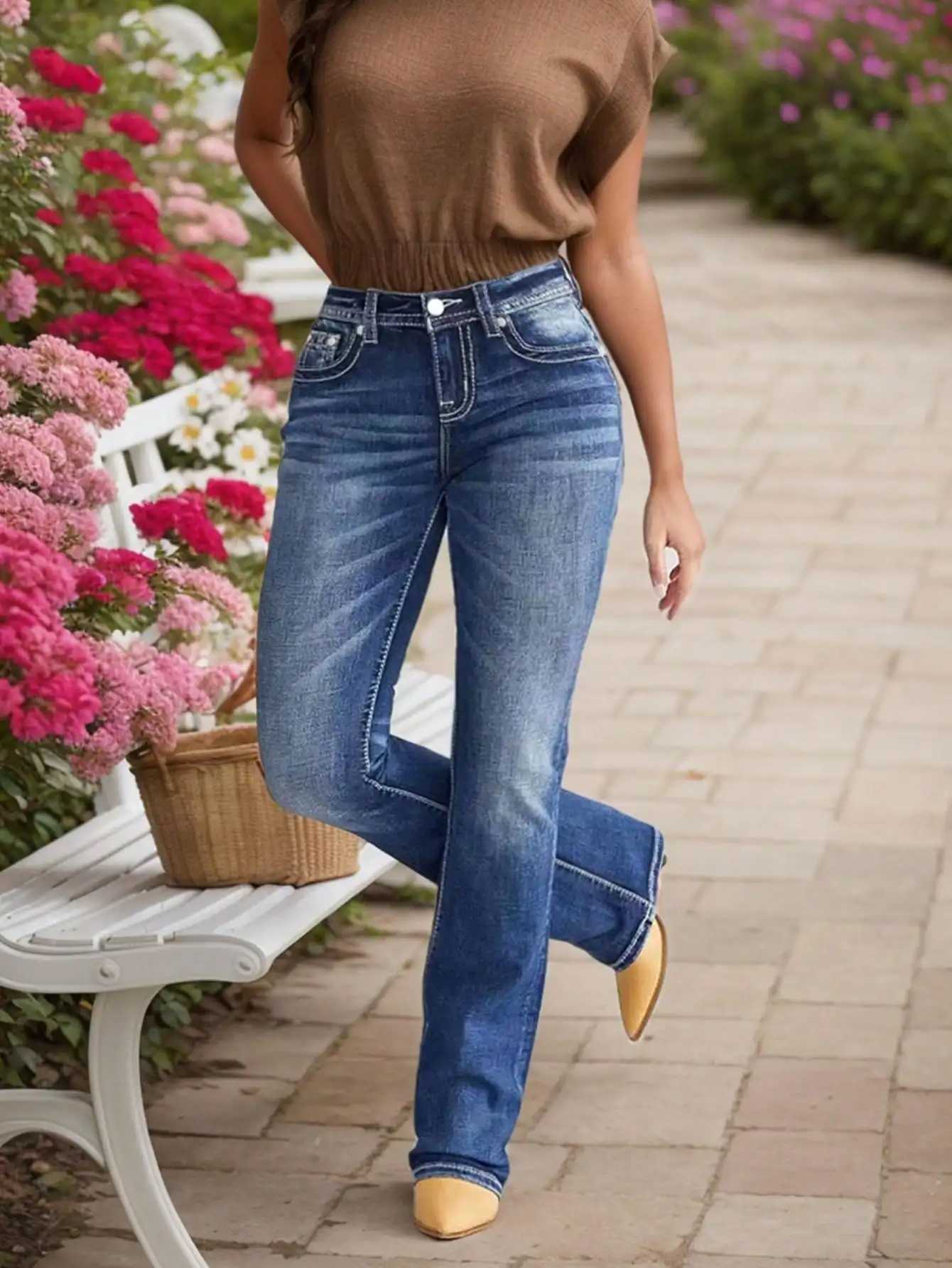 Womens Embroidered Flare Jeans - Stylish High-Waisted Denim with Unique Stitching Detail M260310
