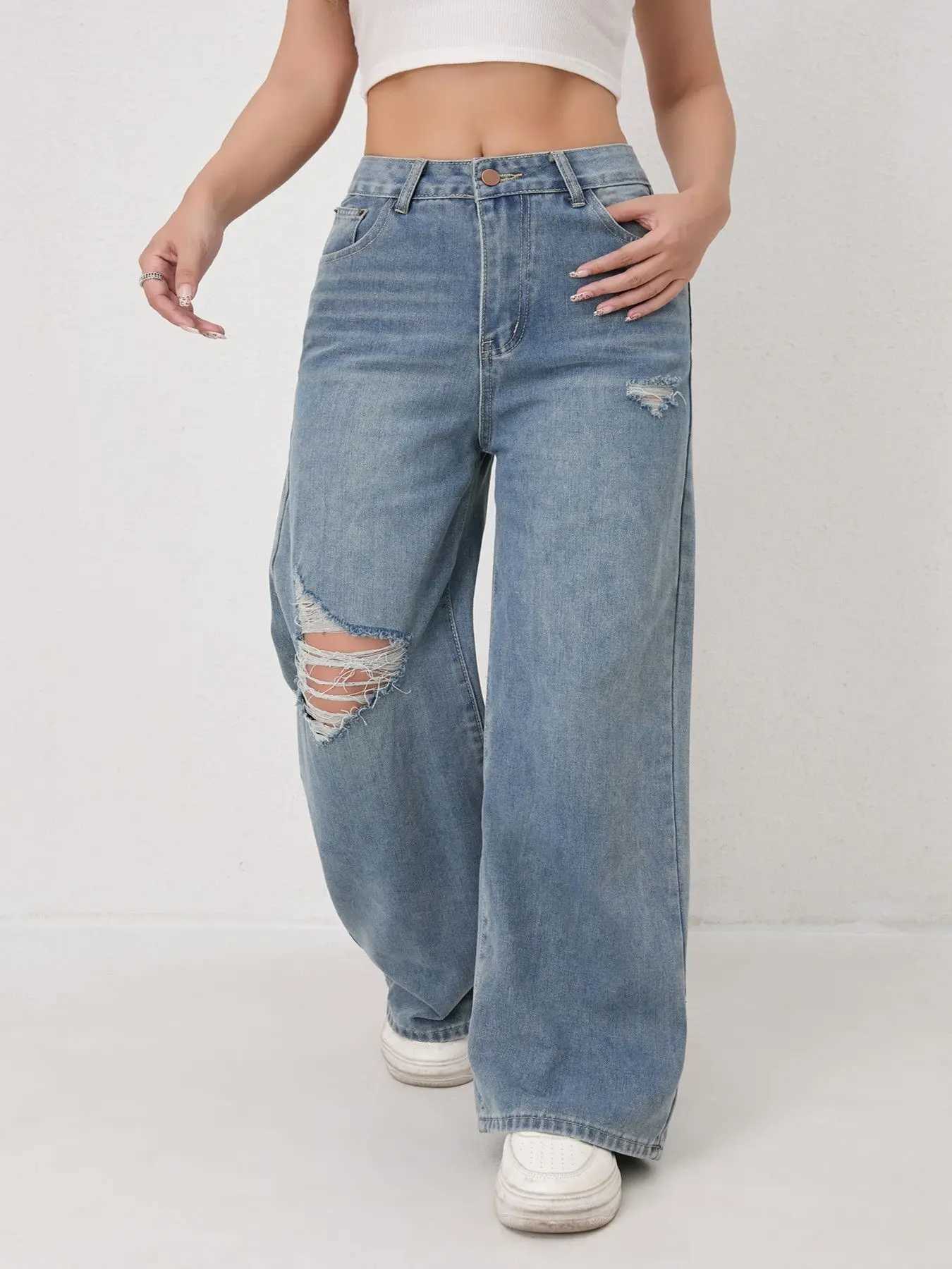European and N Style Loose Leg Straight-leg Jeans with Holes Women Comfortable Fashion All-matching Trend Jeans M260310