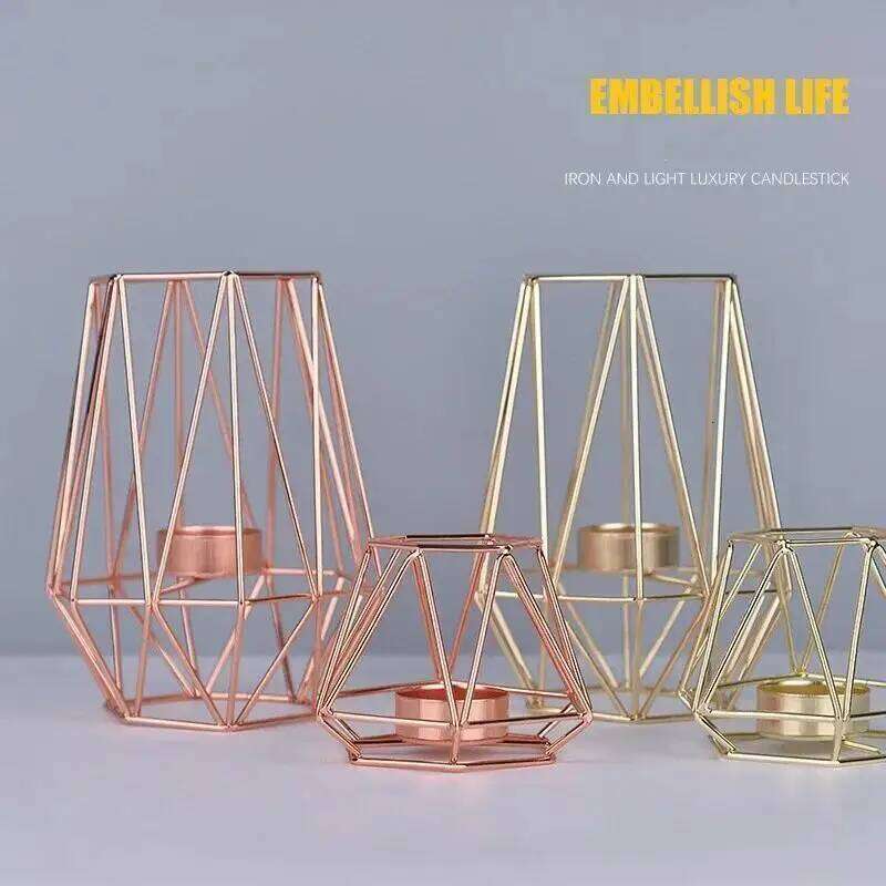 Metal Ornaments Container Polygonal Geometry Iron Candlestick Handicraft Simple Aromatherapy Candle Base H260310