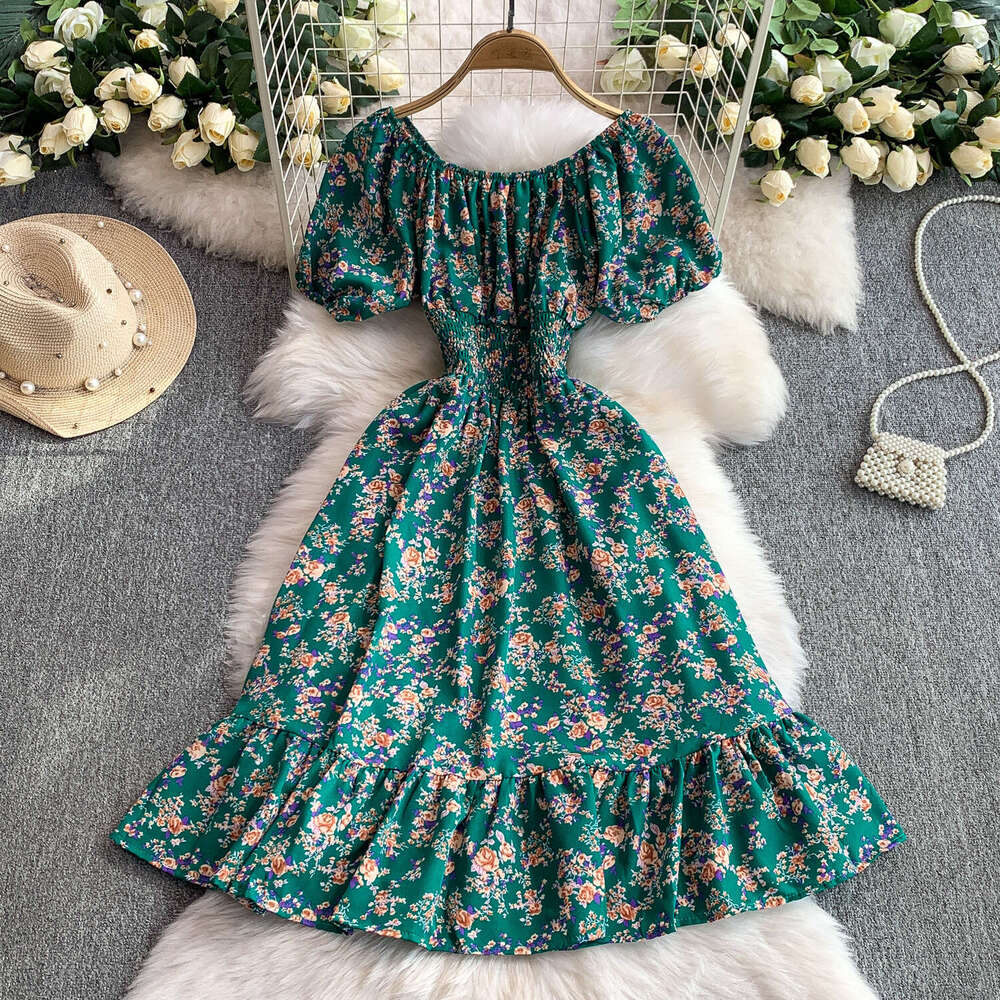 Women's designer French printed off shoulder bubble sleeve dress with summer stretch waist slimming and ruffled details