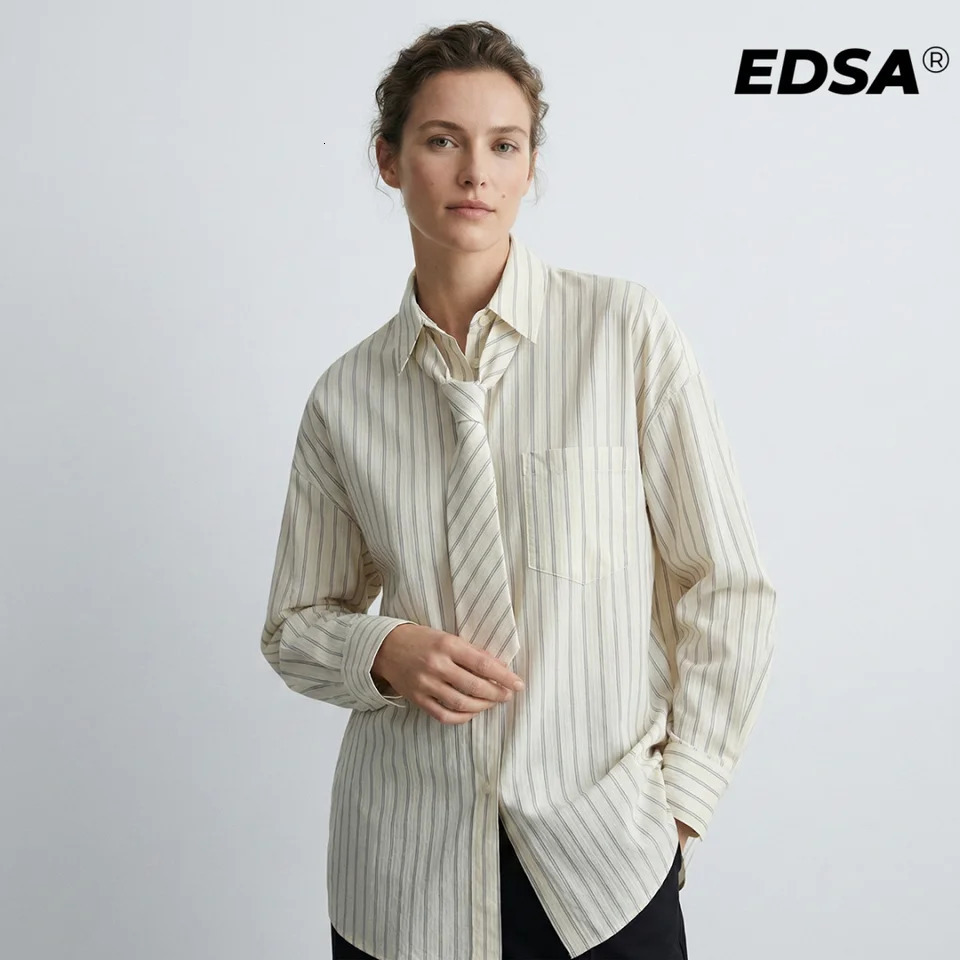 EDSA Women Striped Oversize Shirt with Tie Long Sleeves Collared Neck Buttonup Tops for Office Lady 250305