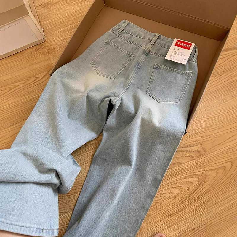 Elegant Light Blue Beaded Straight Denim Pants for Women High Waist Slim Fit Wide Leg Long Trousers M260310