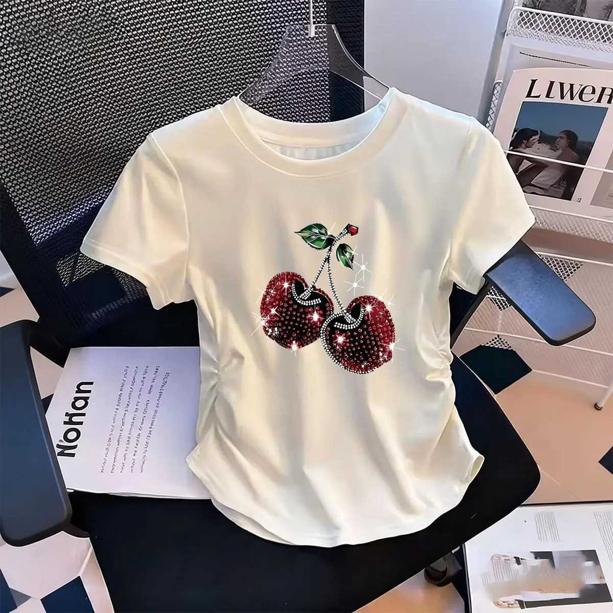 Womens Waist-Defining Elastic T Shirt Sparkling Cherries printed Short Sleeve Round Neck top tee FashionableT260310