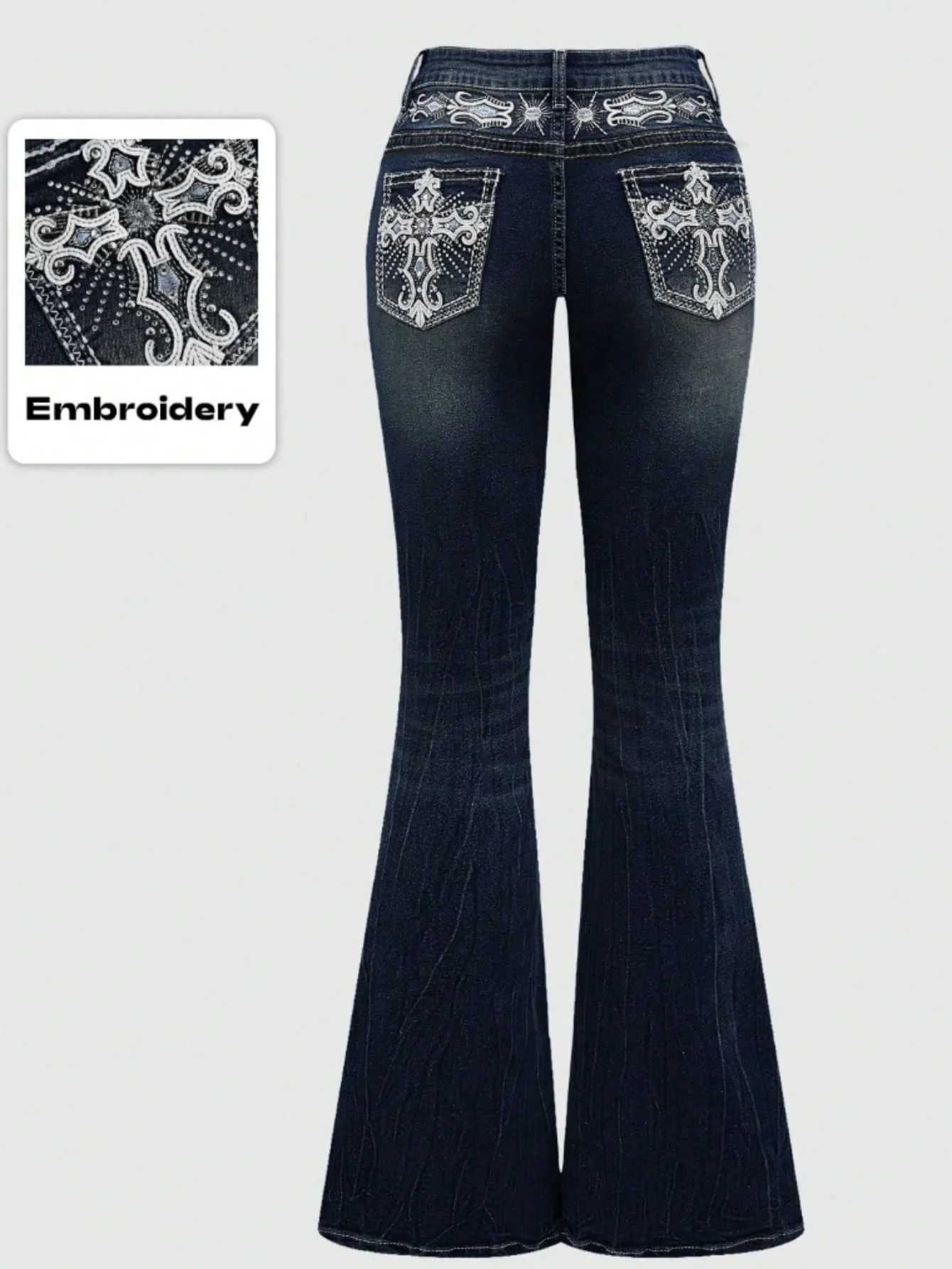 Womens Elegant Fashion High-Waist Stretch Denim Flared Pants with Back Pocket Embroidery and Rhinestone Decoration M260310