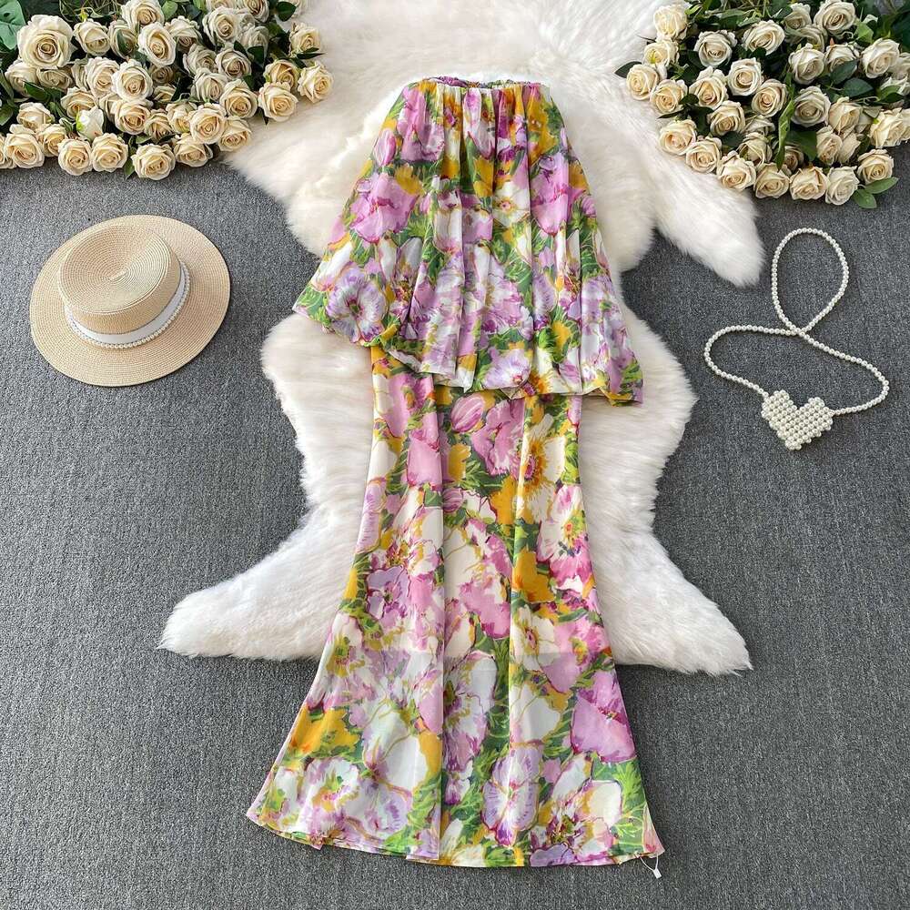 Vintage French vacation style charming and elegant women's printed strapless dress paired with a niche elegant cape