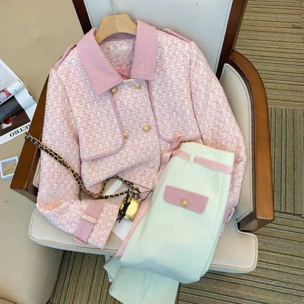 Simple Korea Y2K Commuter Small Fragrance Suit Coat Panelled High Waist Wid Leg Pants Casual Preppy England Suit TrousersT260310