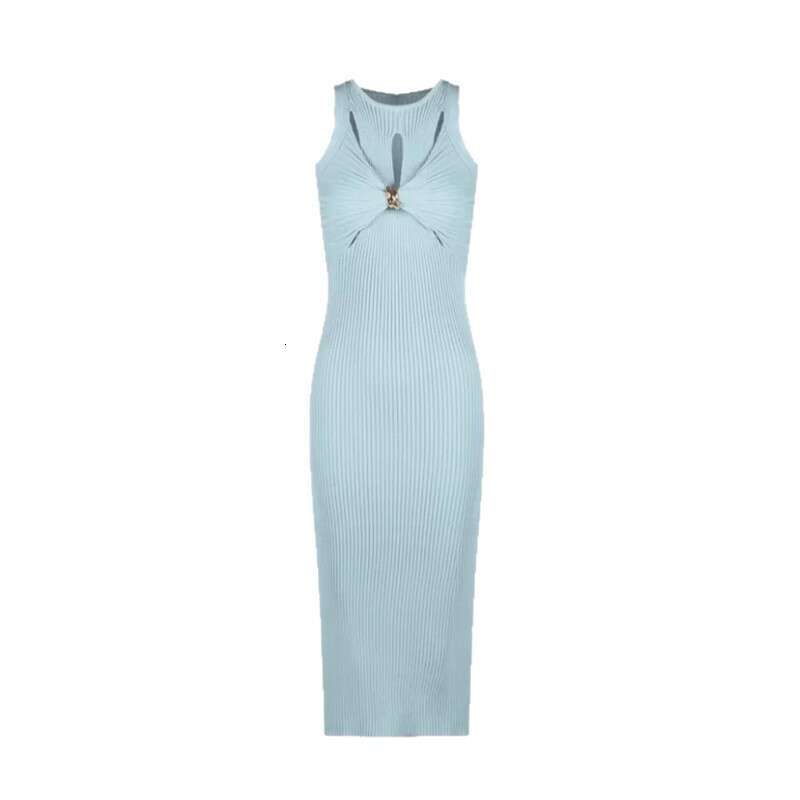 2026 new European and American niche sexy queen casual style sleeveless twist button vertical stripe slim knit long skirt